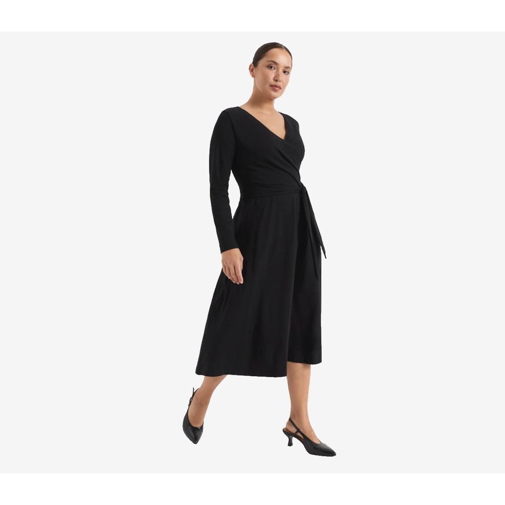 Pact Fit & Flare Wrap Dress XL Black Organic Cotton Midi Minimalist Office
